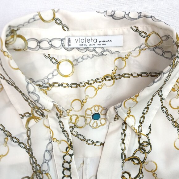 Violeta by Mango Cream V-neck Long Sleeve Blouse with Chains Pattern EUC - Picture 9 of 11